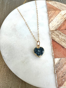 Deep Blue Druzy Heart Charm Neccklace