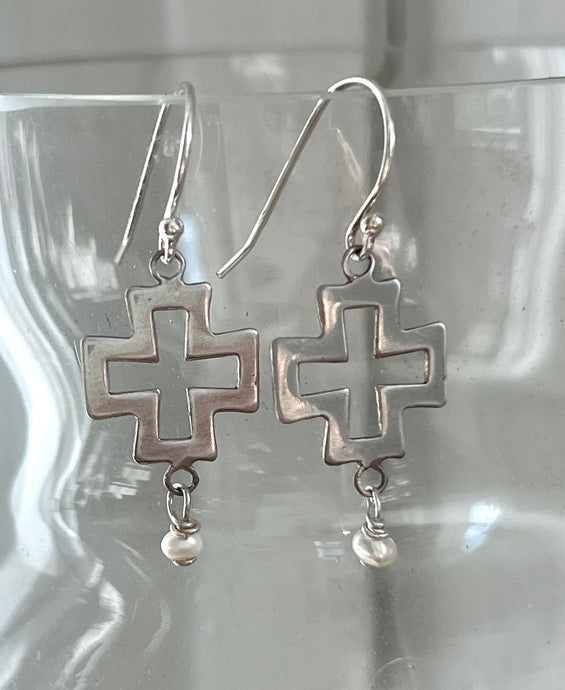 Sterling Swiss Cross and Pearl Earrings
