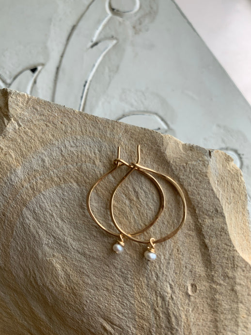Small Gold Hammered Hoop Earrings with teeny pearl